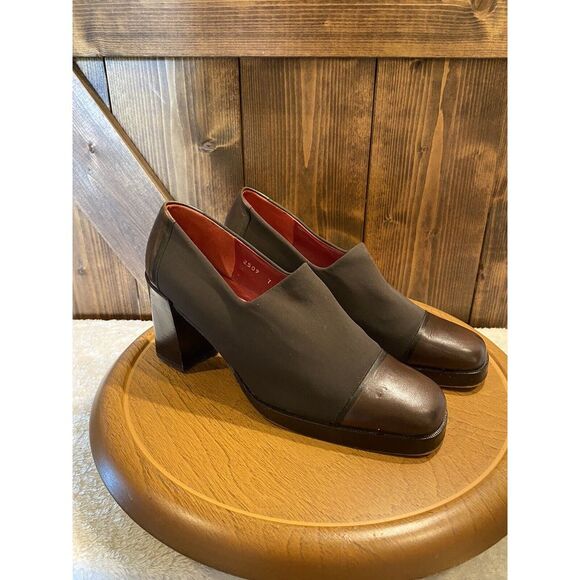 Donald J. Pliner Shoes - Donald J. Pliner Brown Leather & Spandex, Square‎ Heel Shoes, Size 7N
